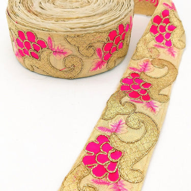 Beige Art Silk Fabric Trim with Floral Embroidery in Peach, Gold and Fuchsia, Flower Embroidered Trim